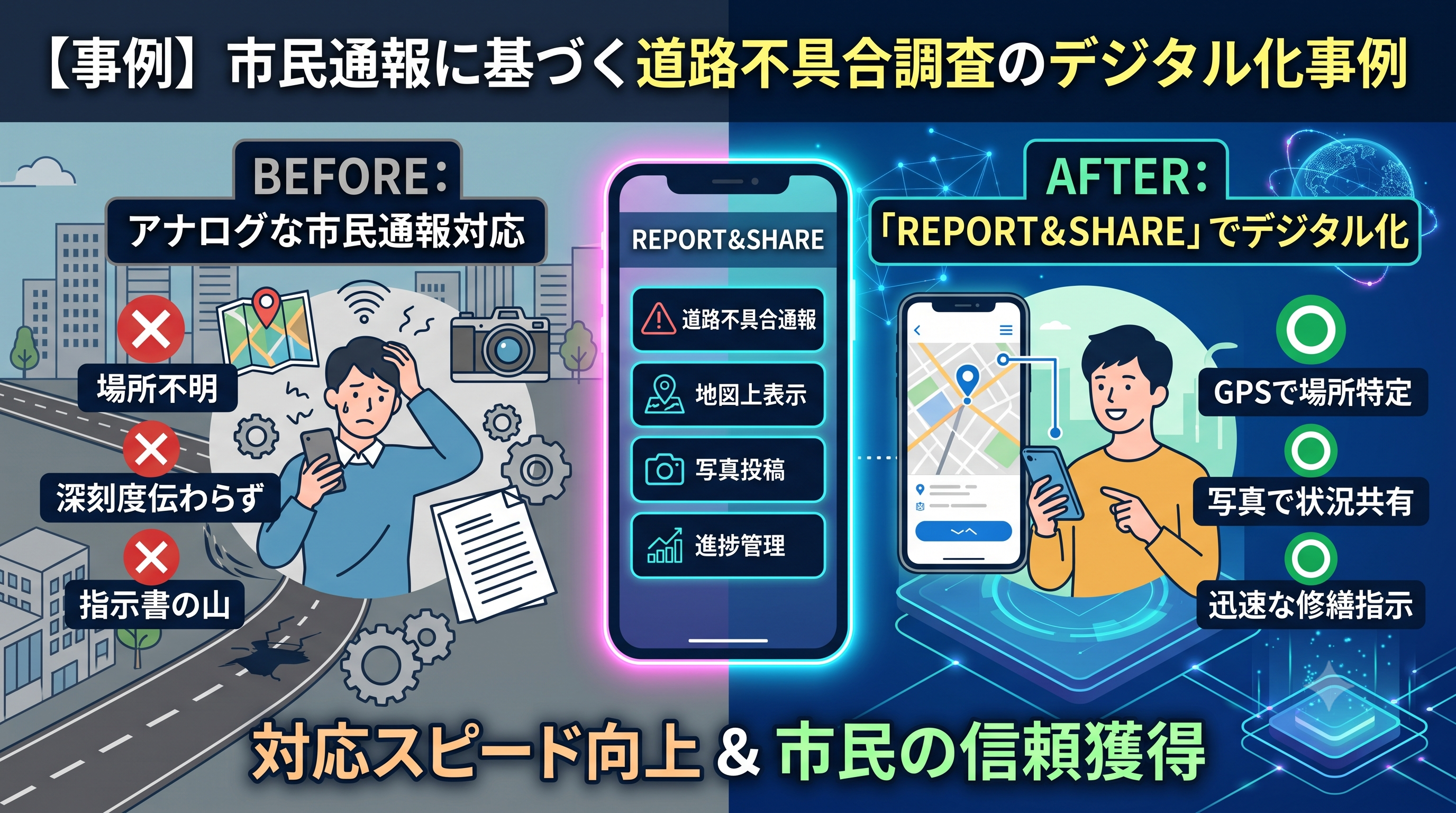 【REPORT＆SHARE】市民通報に基づく道路不具合調査のデジタル化事例